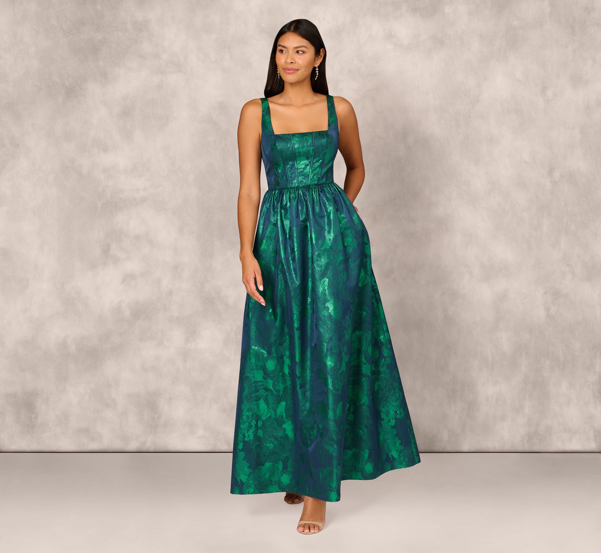 Lame Satin Jacquard Gown With Square Neckline In Dark Ivy 1