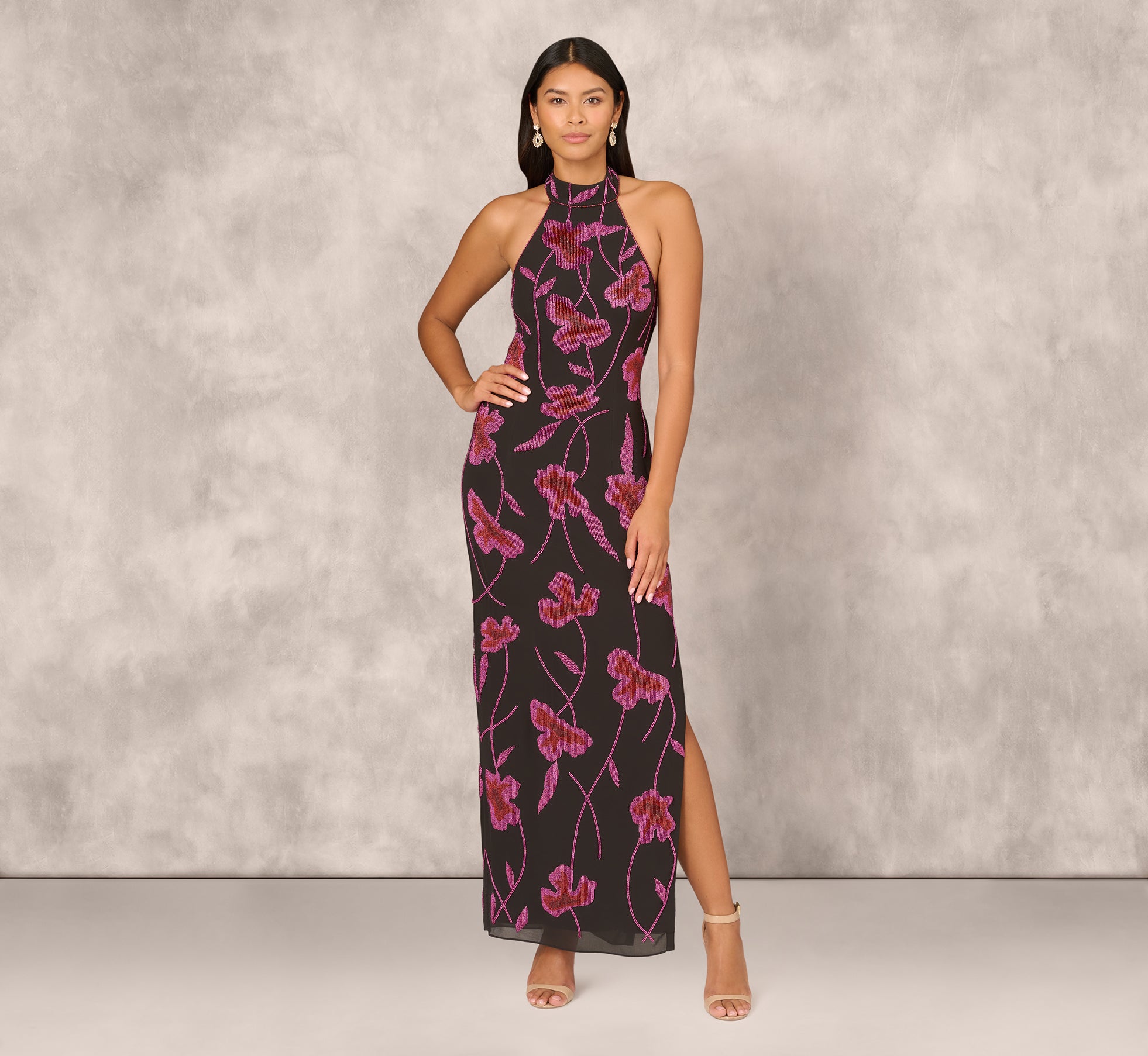 Beaded Floral Halter Column Gown With Mock Neck In Black Multi 1