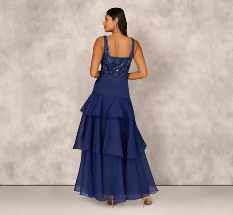 Tiered Organza Gown With Beaded Bodice In Navy