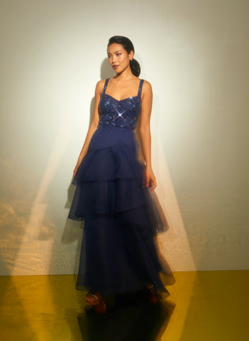 Tiered Organza Gown With Beaded Bodice In Navy