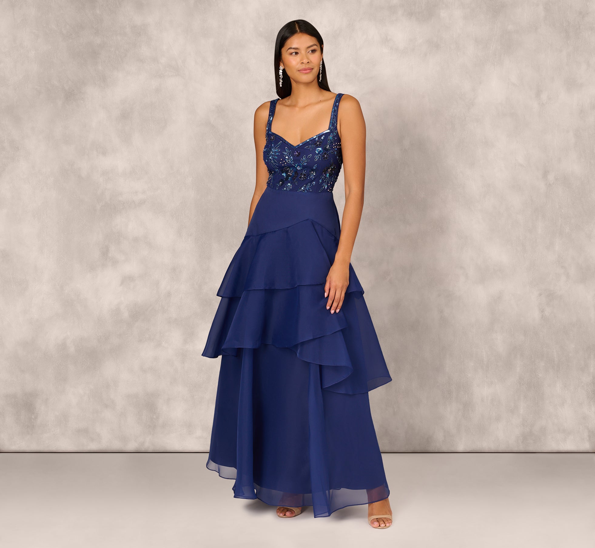 Tiered Organza Gown With Beaded Bodice In Navy 1