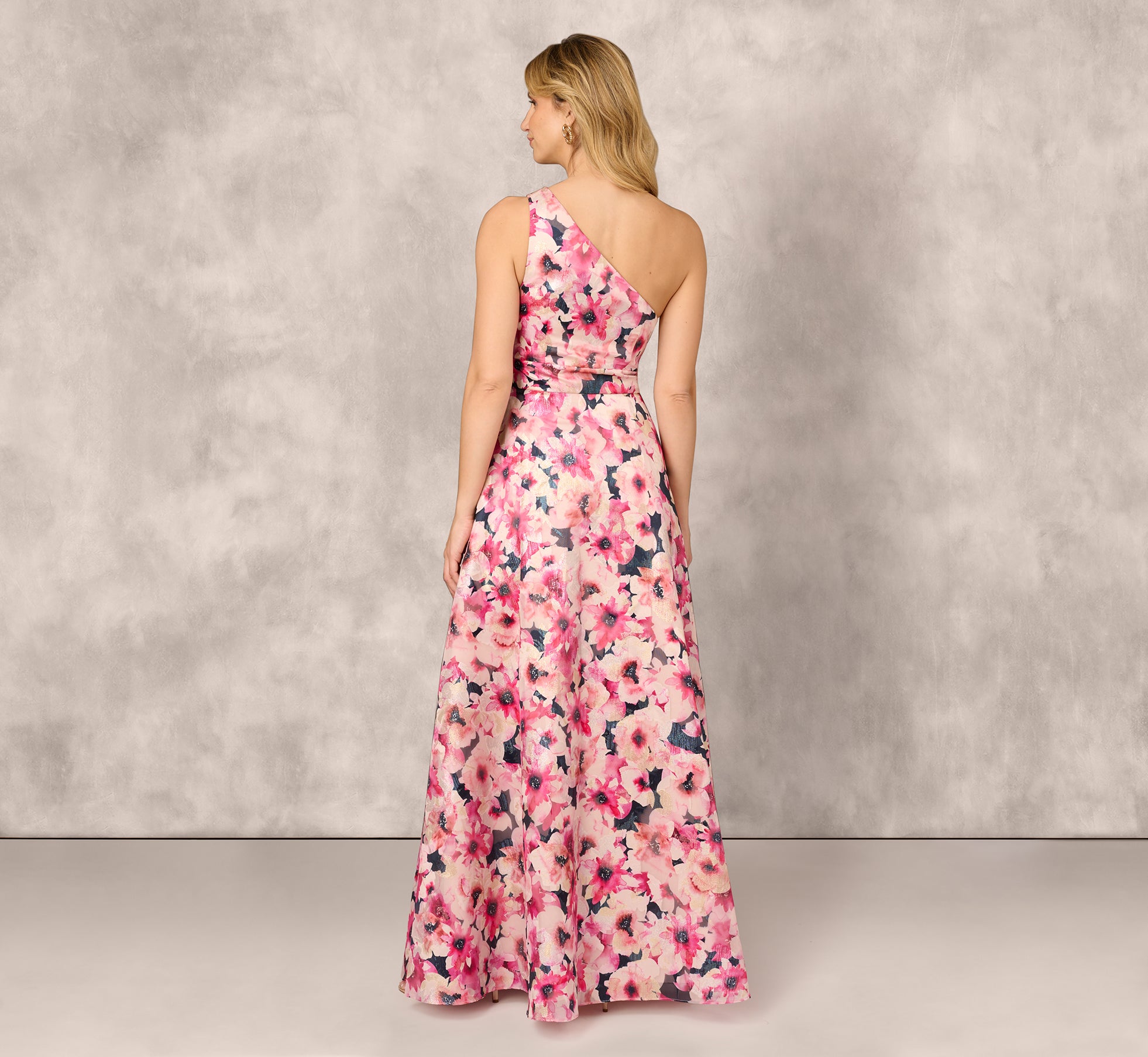 Floral Print Jacquard One Shoulder Ball Gown In Hot Pink Multi ...