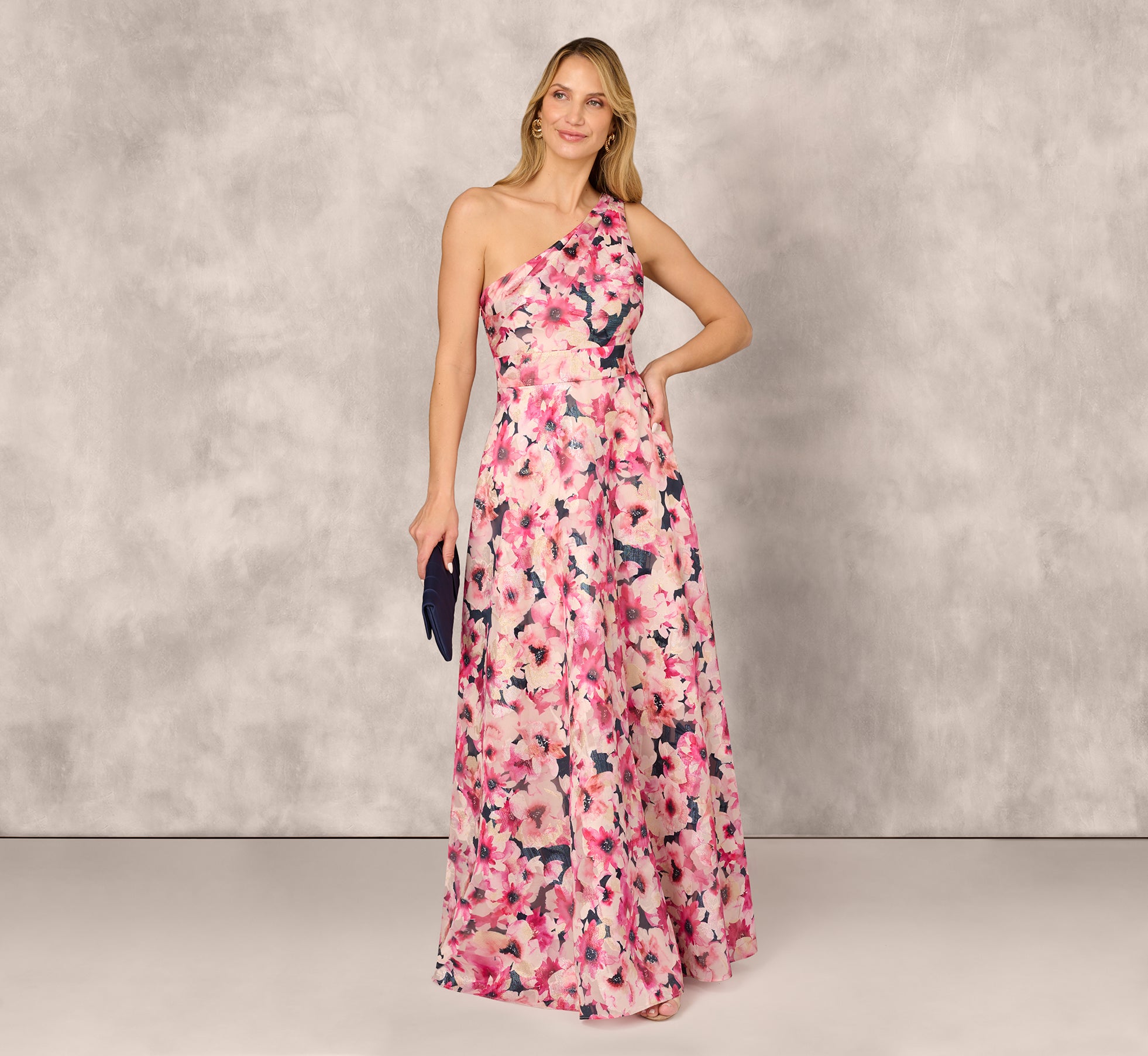 Floral Print Jacquard One Shoulder Ball Gown In Hot Pink Multi ...