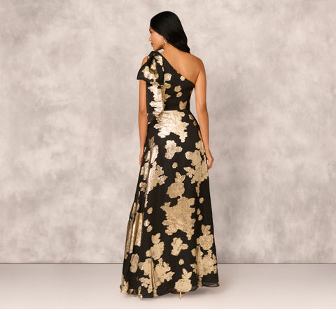 One Shoulder Jacquard Gown In Black Gold