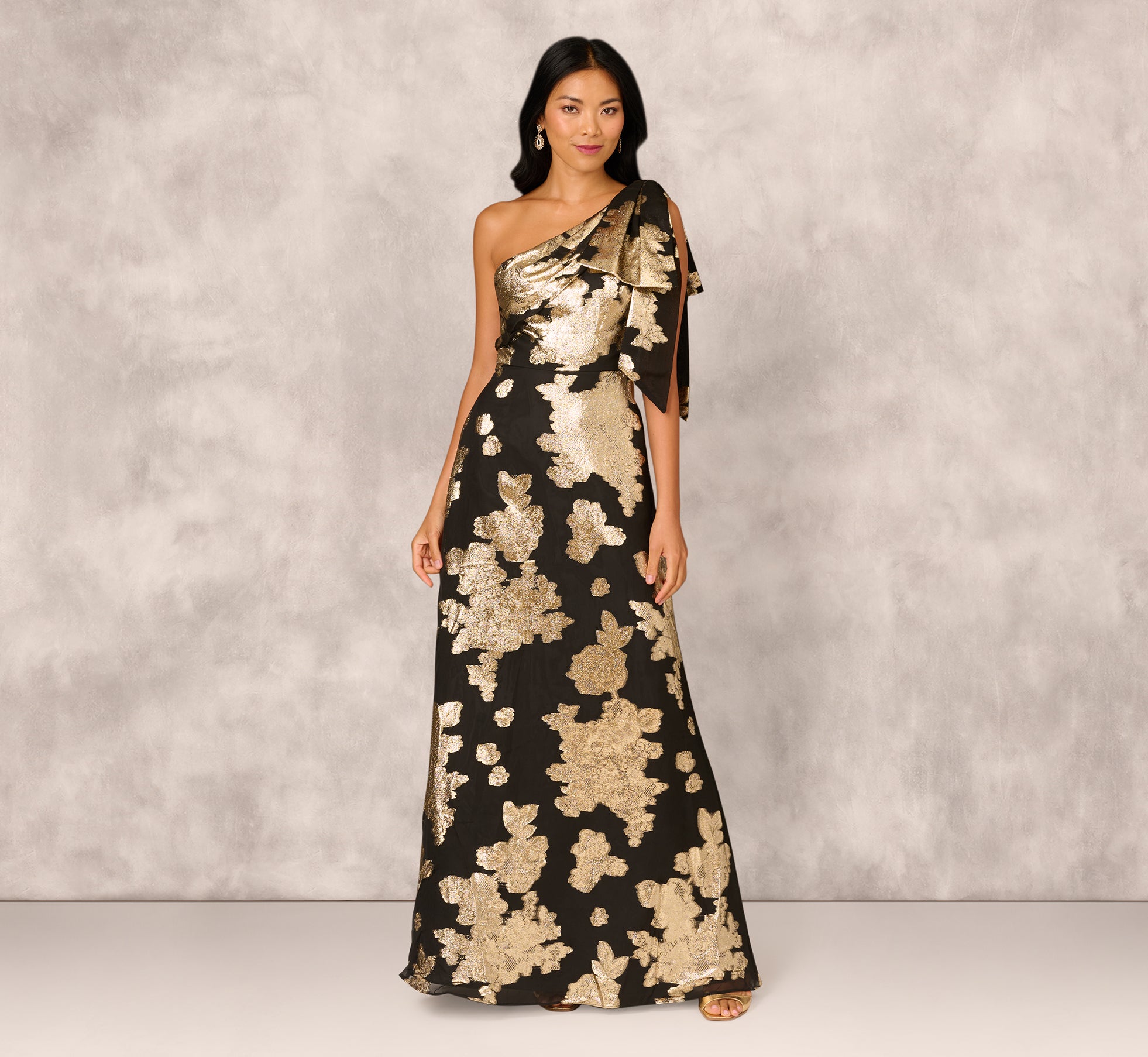 One Shoulder Jacquard Gown In Black Gold 1