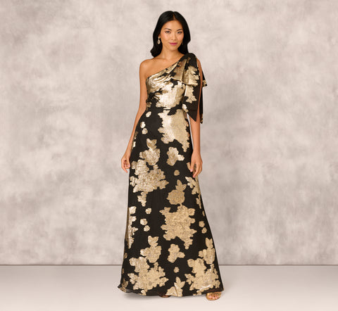 One Shoulder Jacquard Gown In Black Gold