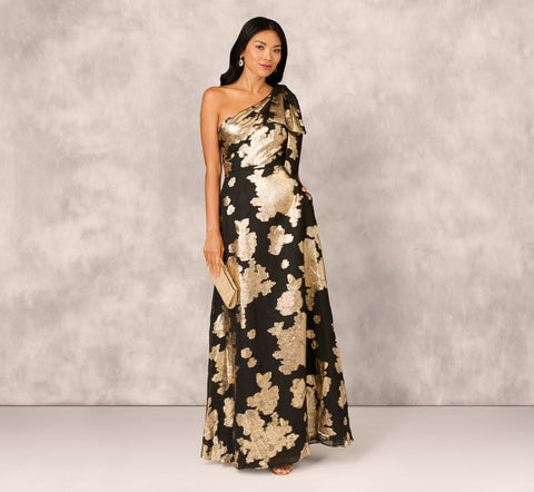 One Shoulder Jacquard Gown In Black Gold