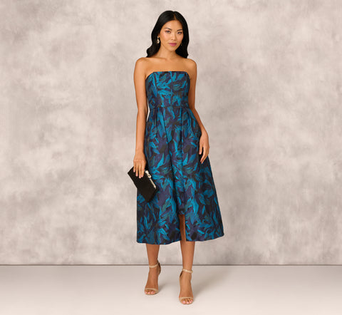 Floral Jacquard Midi Dress In Blue Black Multi