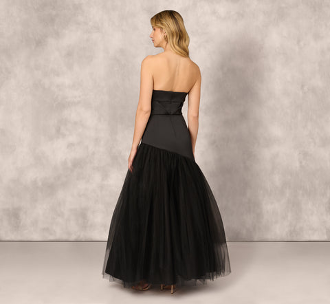 Strapless Mikado Ball Gown With Mesh Skirt In Black