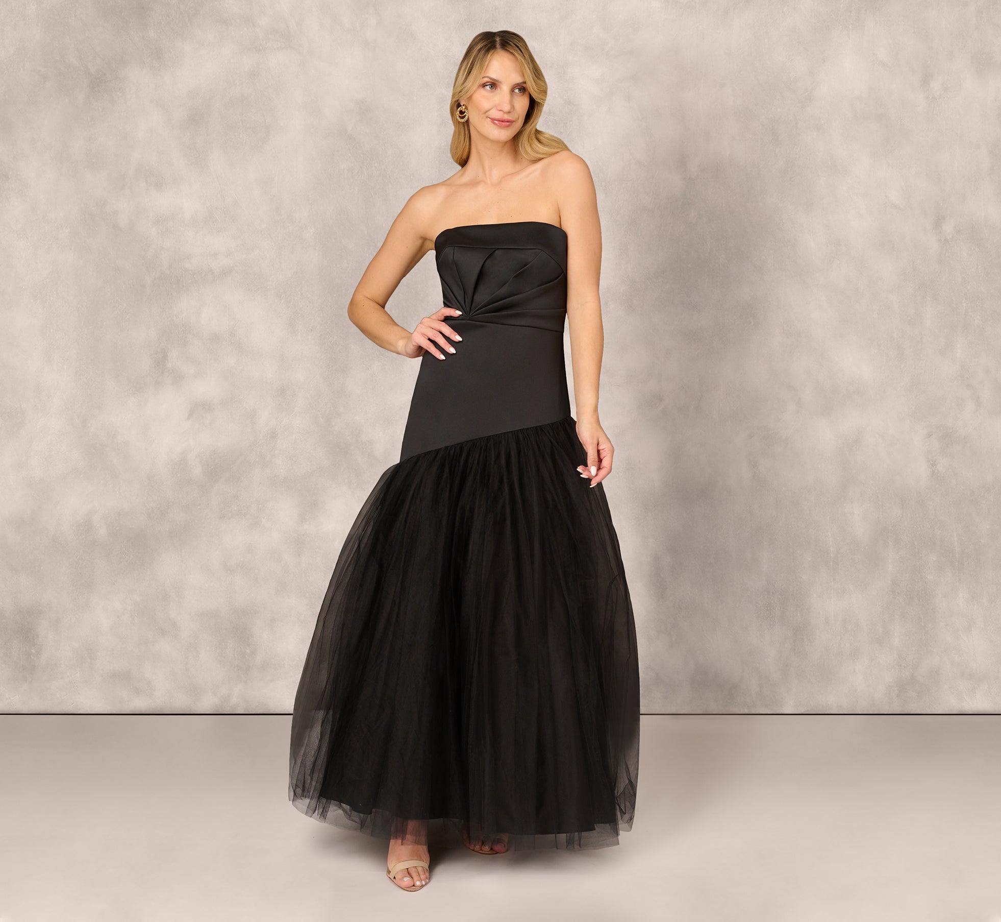 Strapless Mikado Ball Gown With Mesh Skirt In Black 1