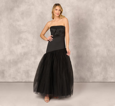 Strapless Mikado Ball Gown With Mesh Skirt In Black