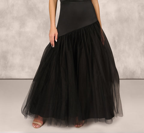 Strapless Mikado Ball Gown With Mesh Skirt In Black