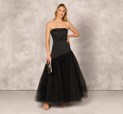 Strapless Mikado Ball Gown With Mesh Skirt In Black