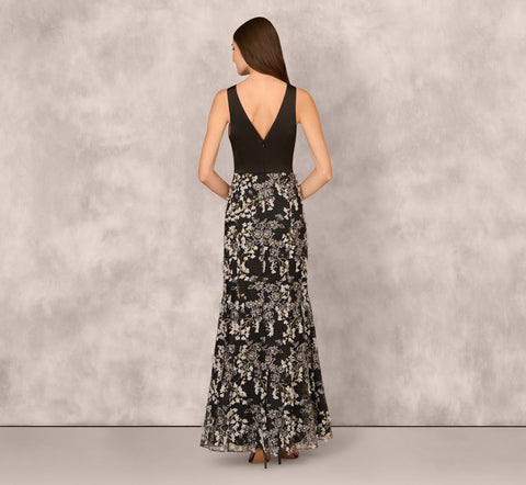 Sleeveless Embroidered A Line Gown In Grey Multi