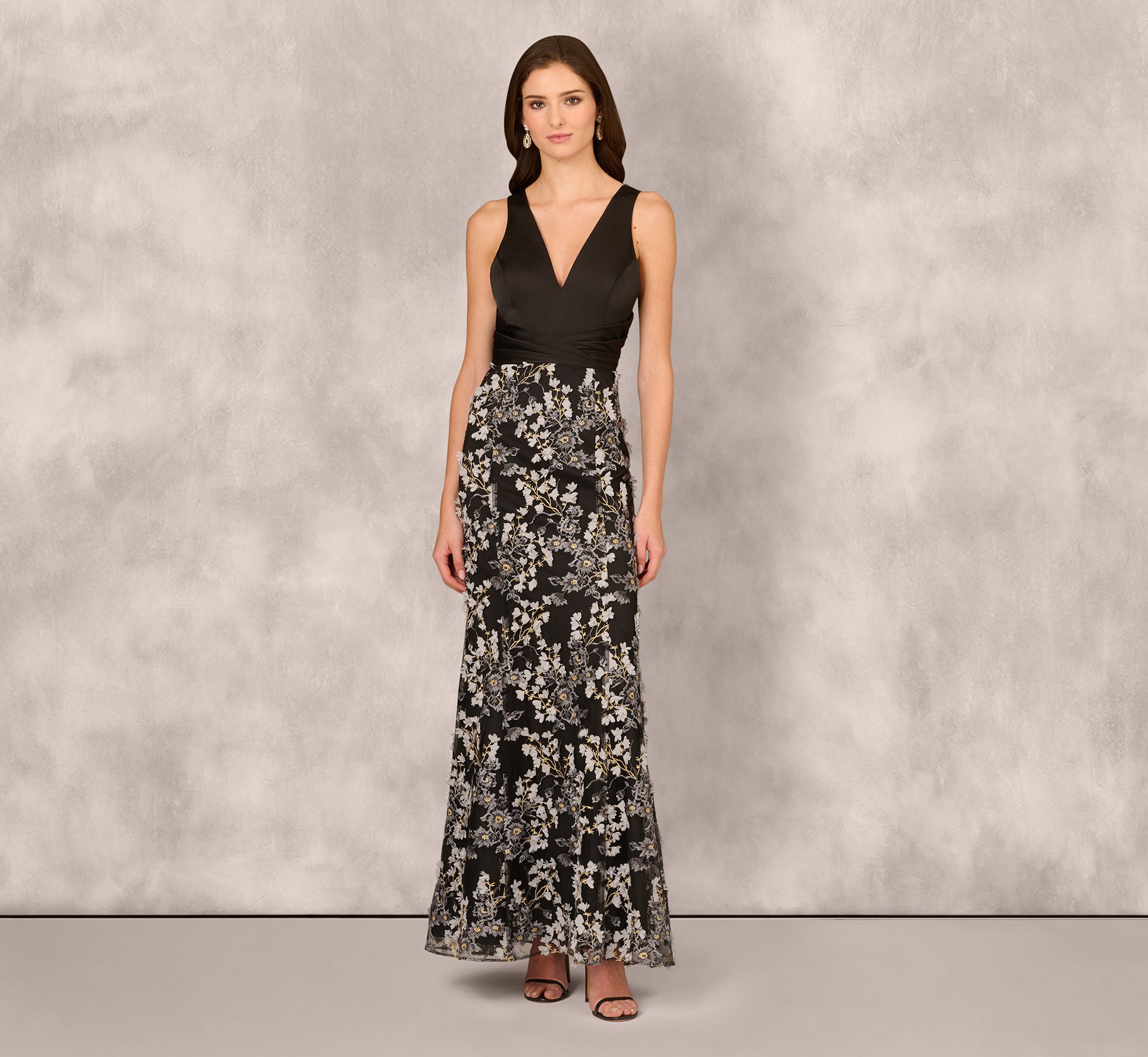 Sleeveless Embroidered A Line Gown In Grey Multi 1