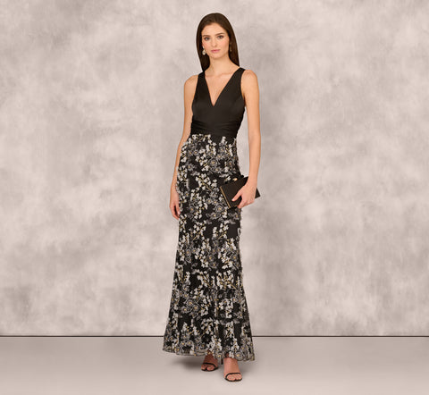 Sleeveless Embroidered A Line Gown In Grey Multi