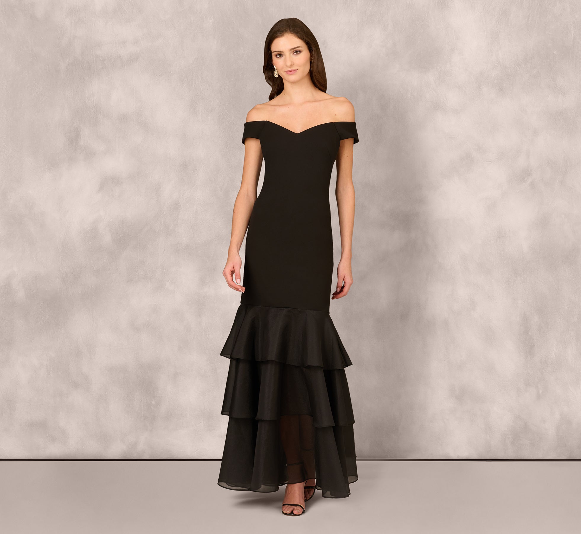 Off Shoulder Organza Flounce Mermaid Gown In Black 1