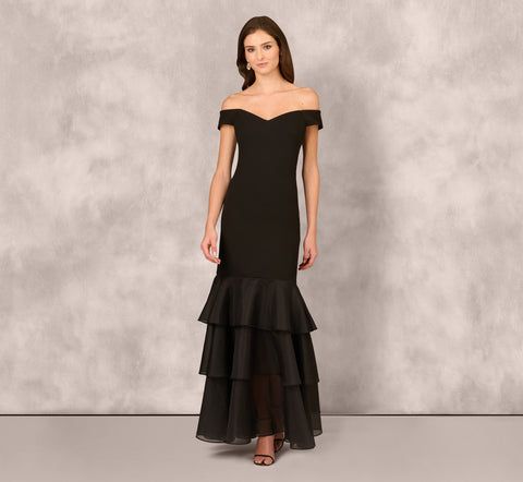 Off Shoulder Organza Flounce Mermaid Gown In Black