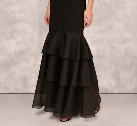 Off Shoulder Organza Flounce Mermaid Gown In Black