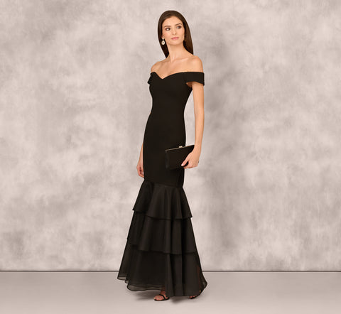 Off Shoulder Organza Flounce Mermaid Gown In Black