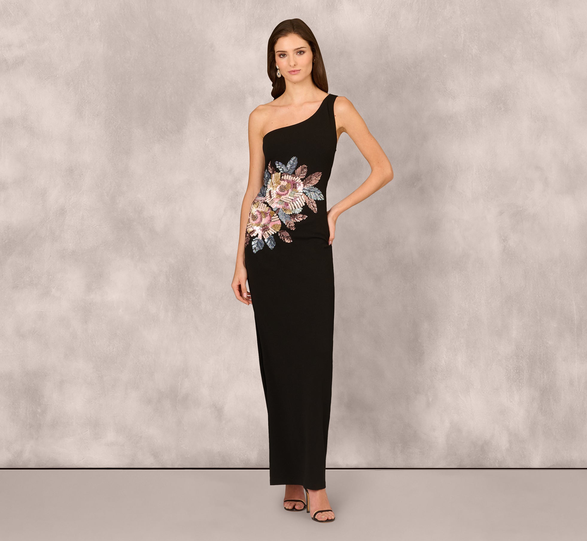 One Shoulder Beaded Floral Detail Long Dress In Black 1