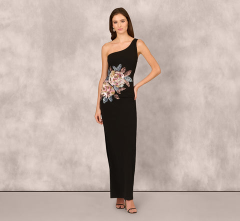 One Shoulder Beaded Floral Detail Long Dress In Black