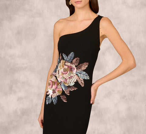 One Shoulder Beaded Floral Detail Long Dress In Black