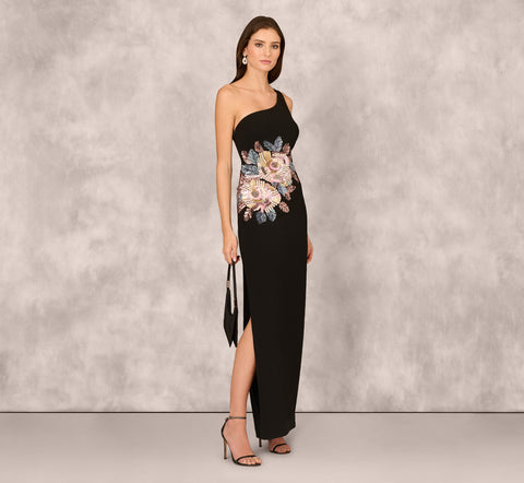 One Shoulder Beaded Floral Detail Long Dress In Black