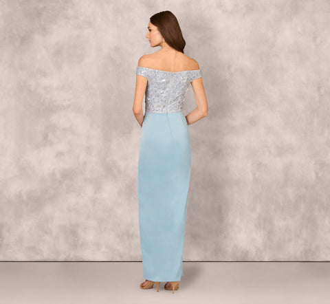 Off Shoulder Beaded Satin Combo Long Dress In Clear Water