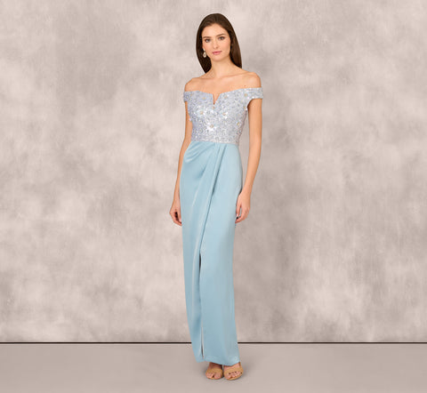 Off Shoulder Beaded Satin Combo Long Dress In Clear Water