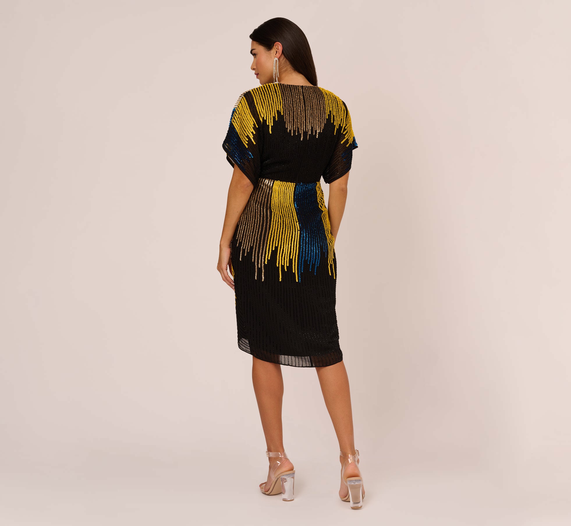 Beaded Faux Wrap Dress With Dolman Sleeves In Black Multi