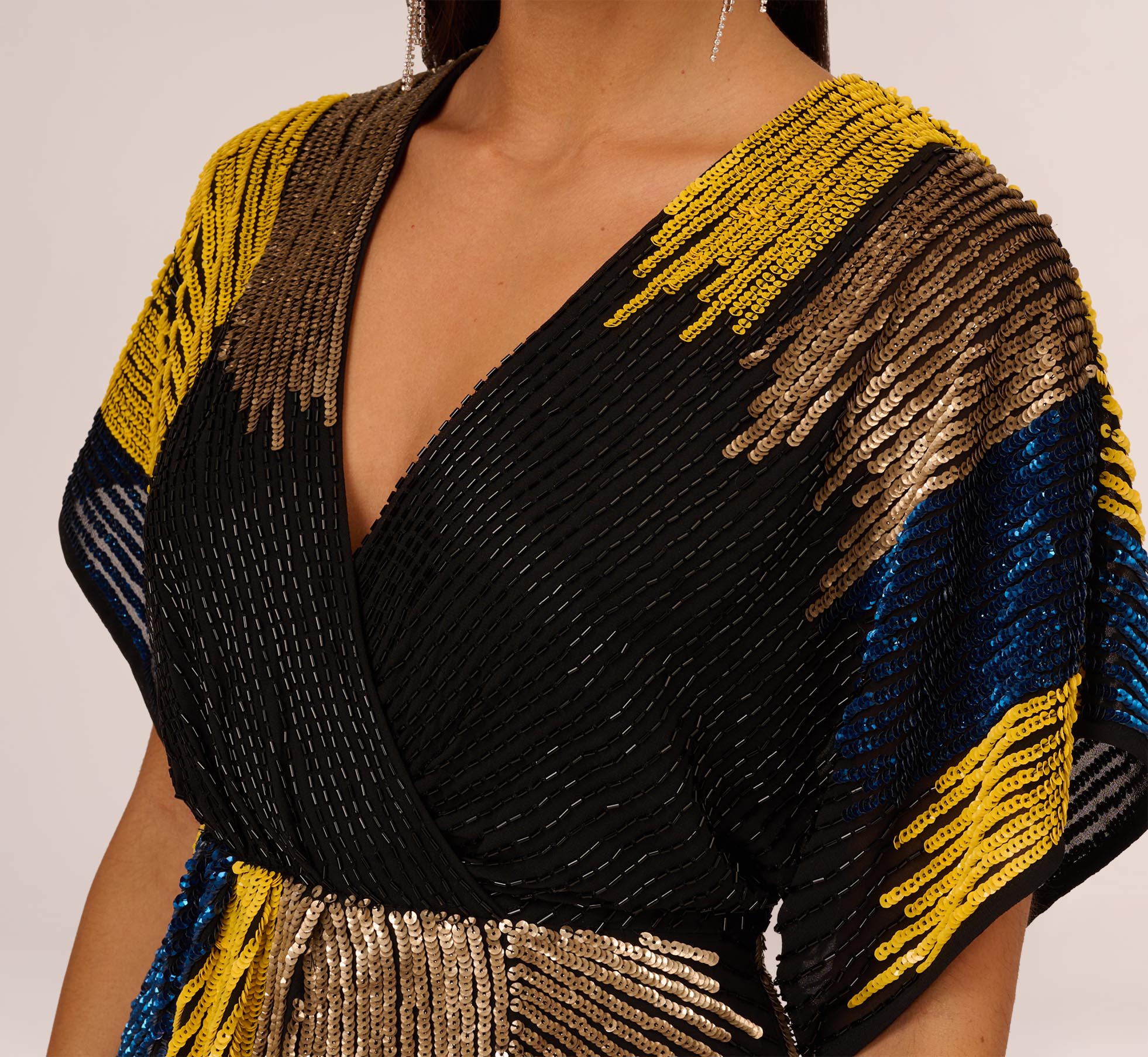 Beaded Faux Wrap Dress With Dolman Sleeves In Black Multi