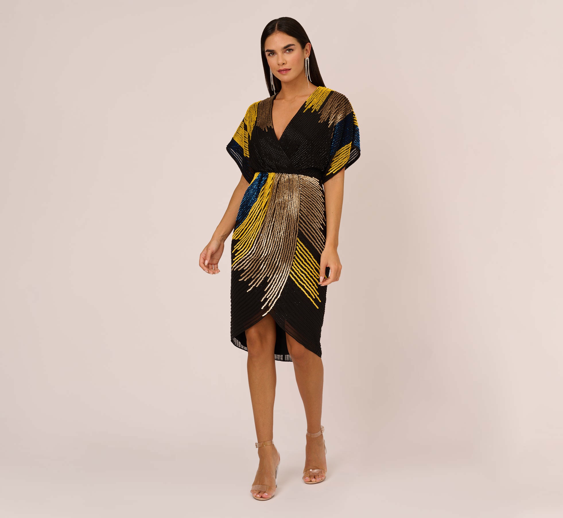 Beaded Faux Wrap Dress With Dolman Sleeves In Black Multi