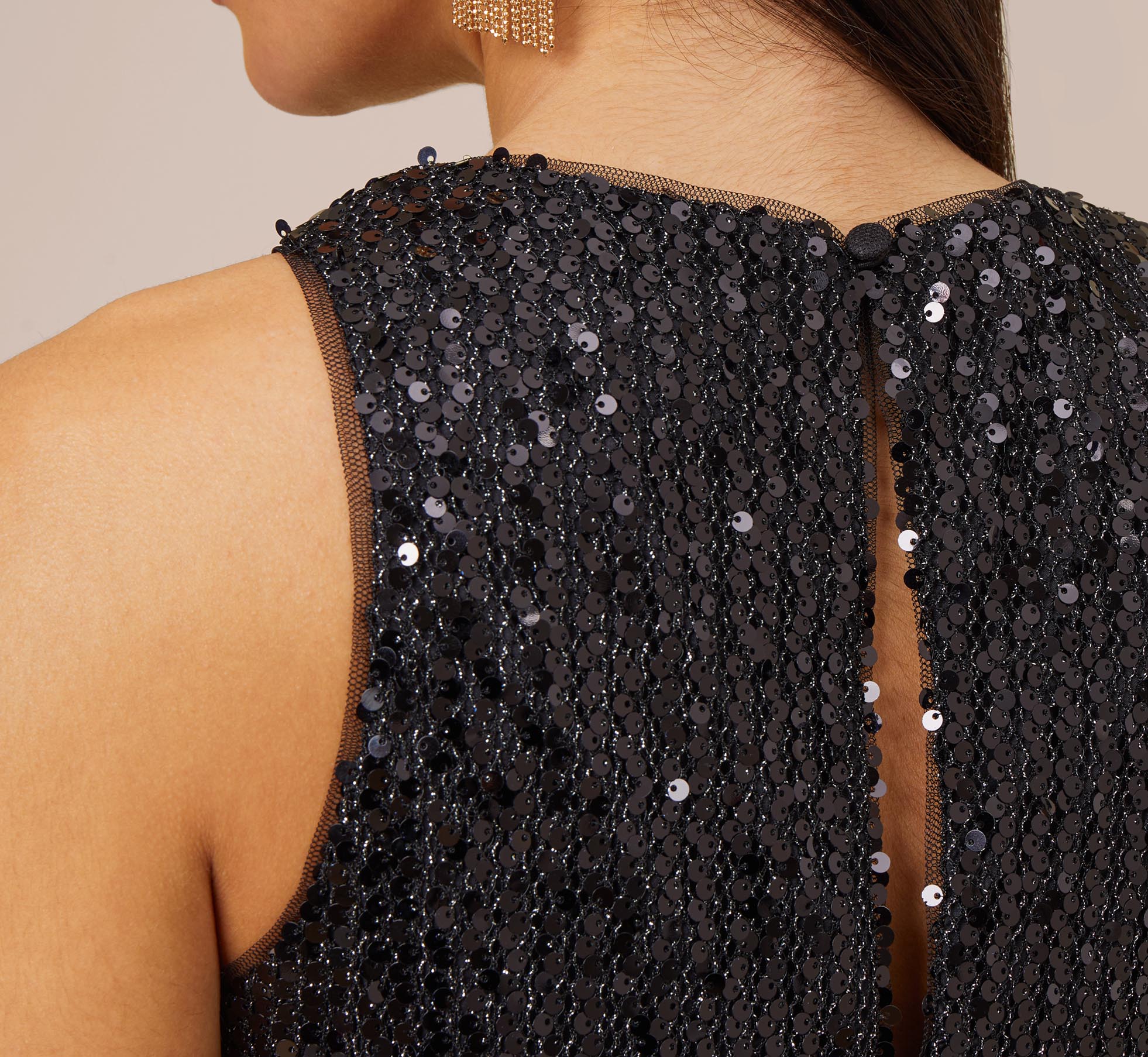 Sequined Trapeze Halter Dress With Feather Trim In Black