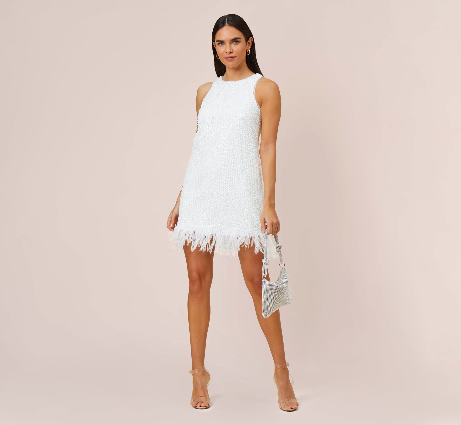 Sequined Trapeze Halter Dress With Feather Trim In Ivory