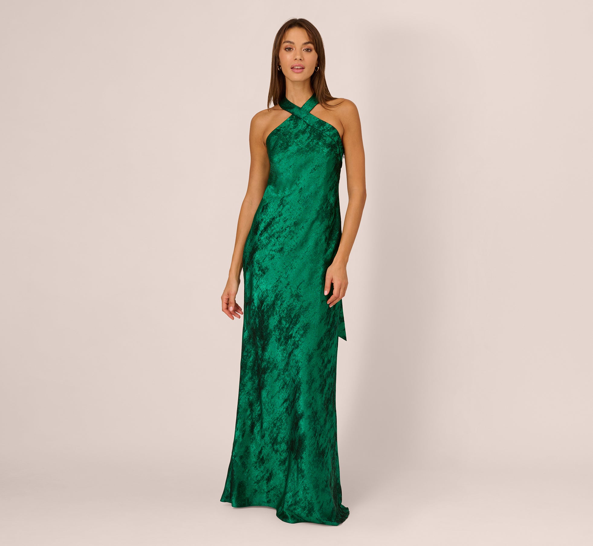 Metallic Chiffon Halter Gown In Green Adrianna Papell