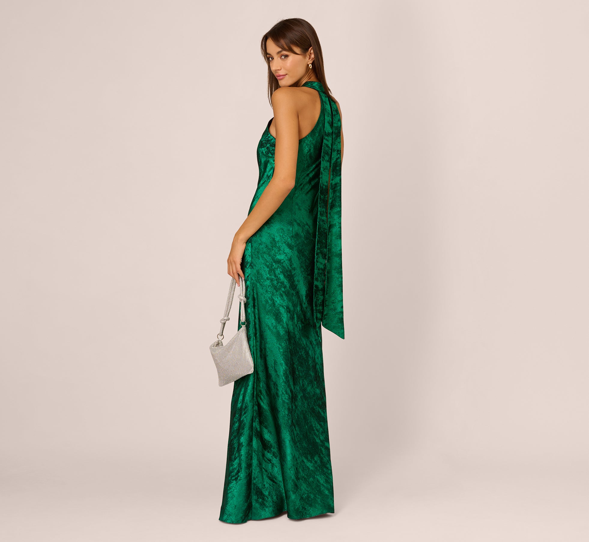 Metallic Chiffon Halter Gown In Green Adrianna Papell