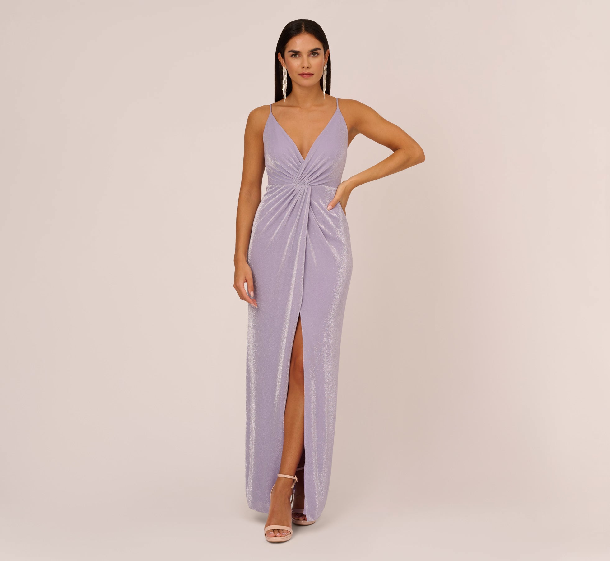 Lurex Knit Column Gown With Gathered Details In Lilac Adrianna