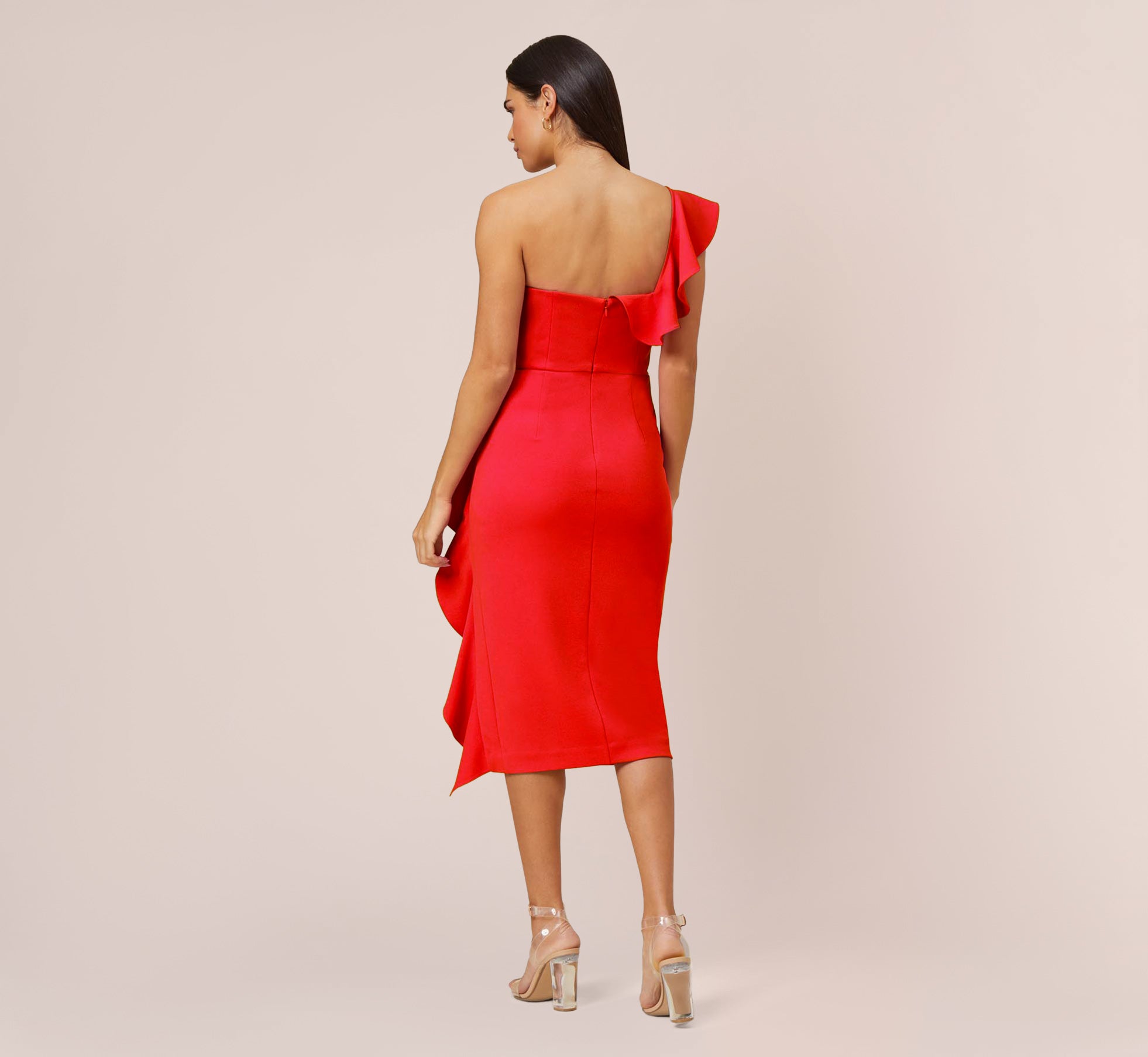 Stretch Crepe Strapless Midi Length Sheath Cocktail Dress With