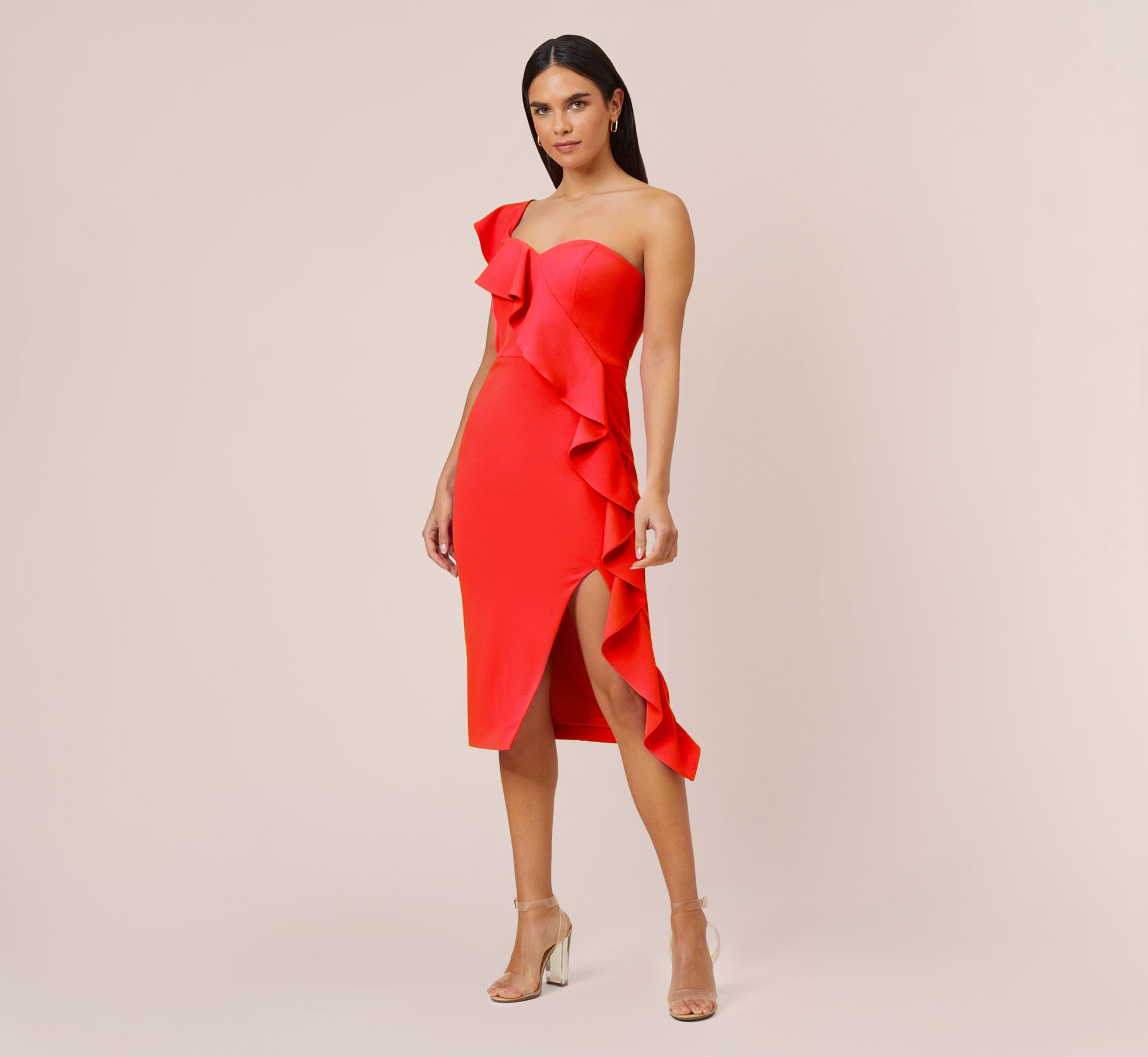 Stretch Crepe Strapless Midi Length Sheath Cocktail Dress With