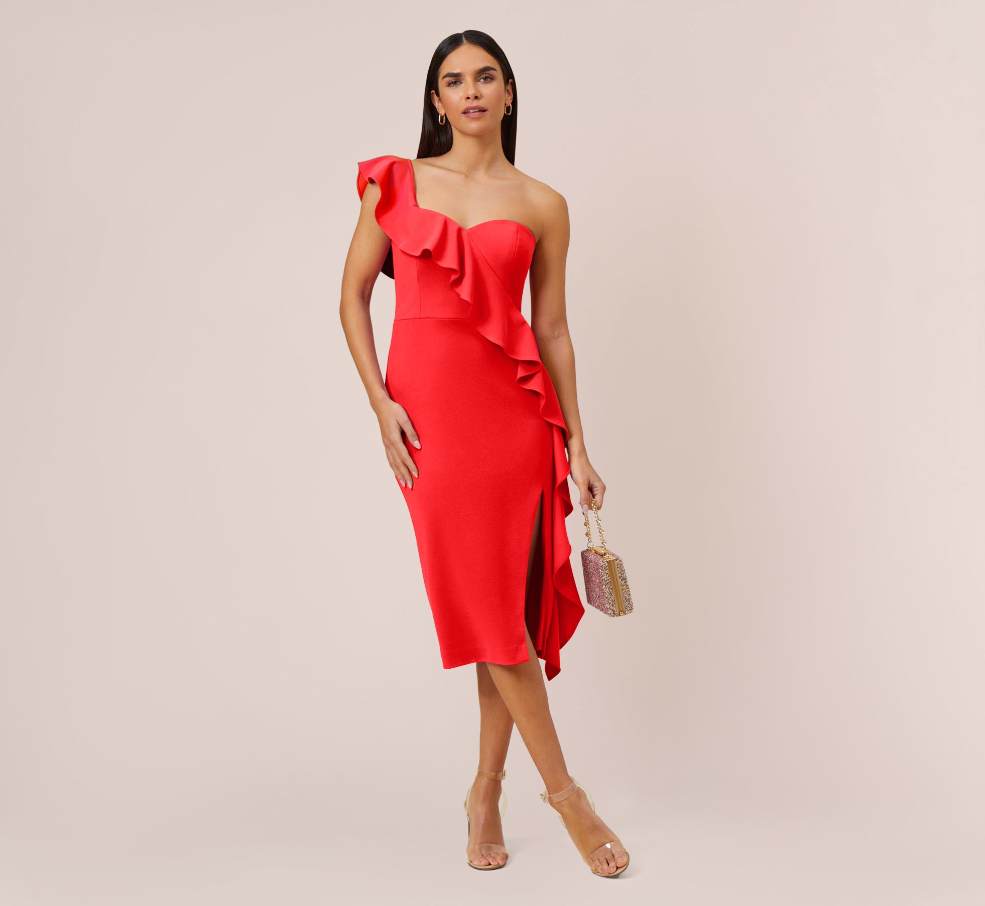 Stretch Crepe Strapless Midi Length Sheath Cocktail Dress With