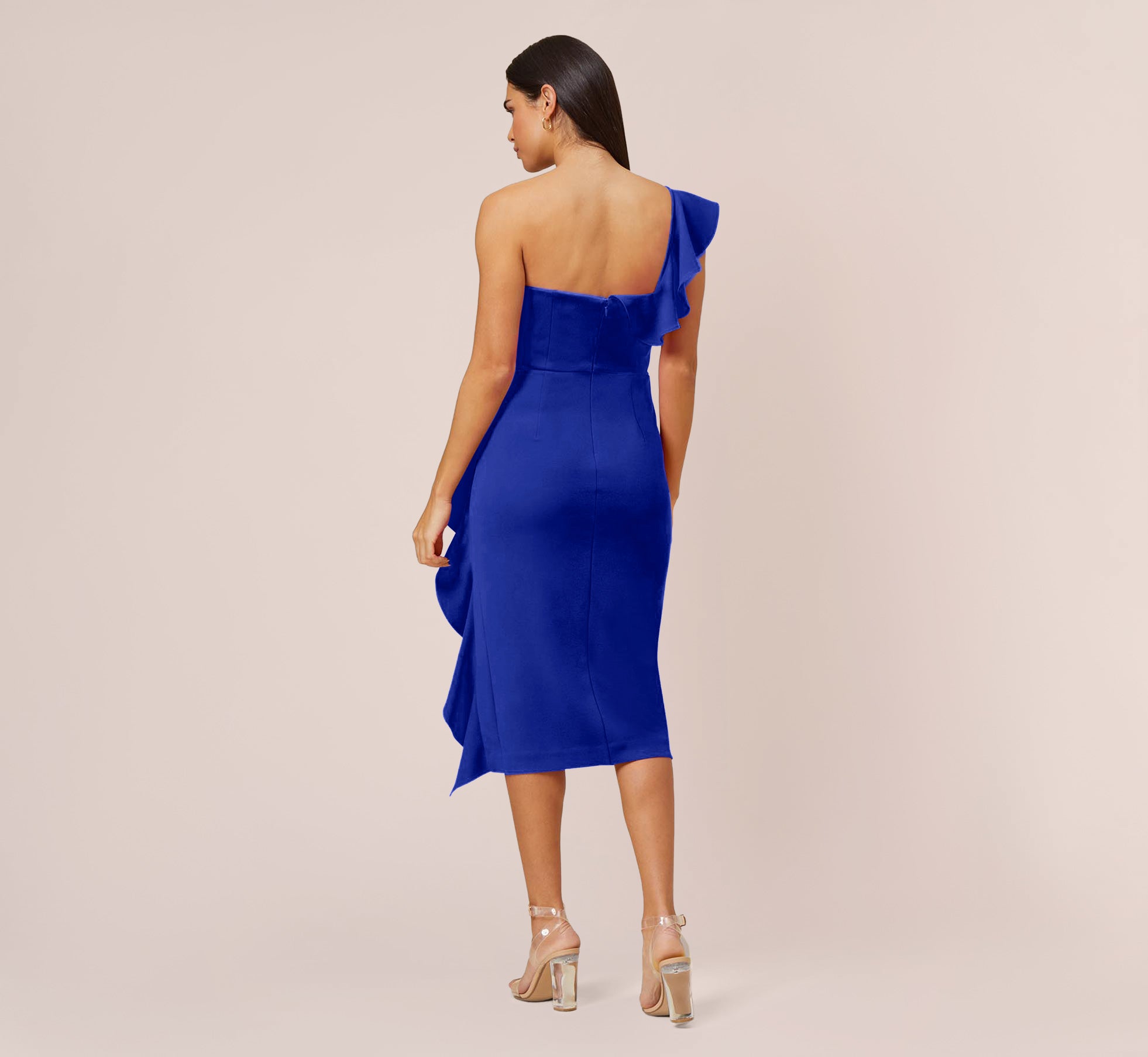 Stretch Crepe Strapless Midi-Length Sheath Cocktail Dress With