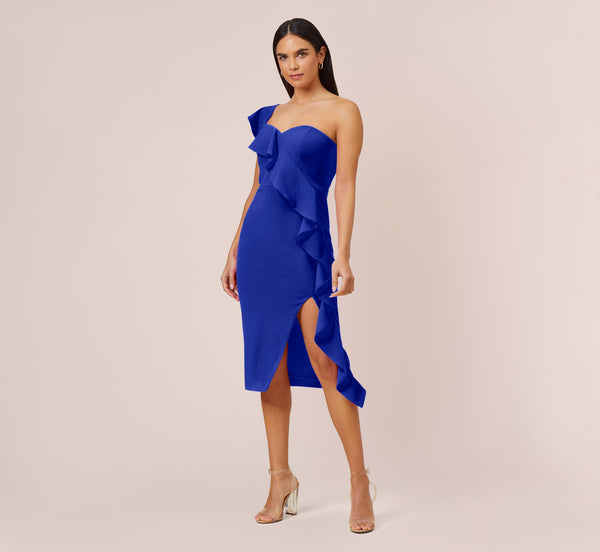 Stretch Crepe Strapless Midi Length Sheath Cocktail Dress With