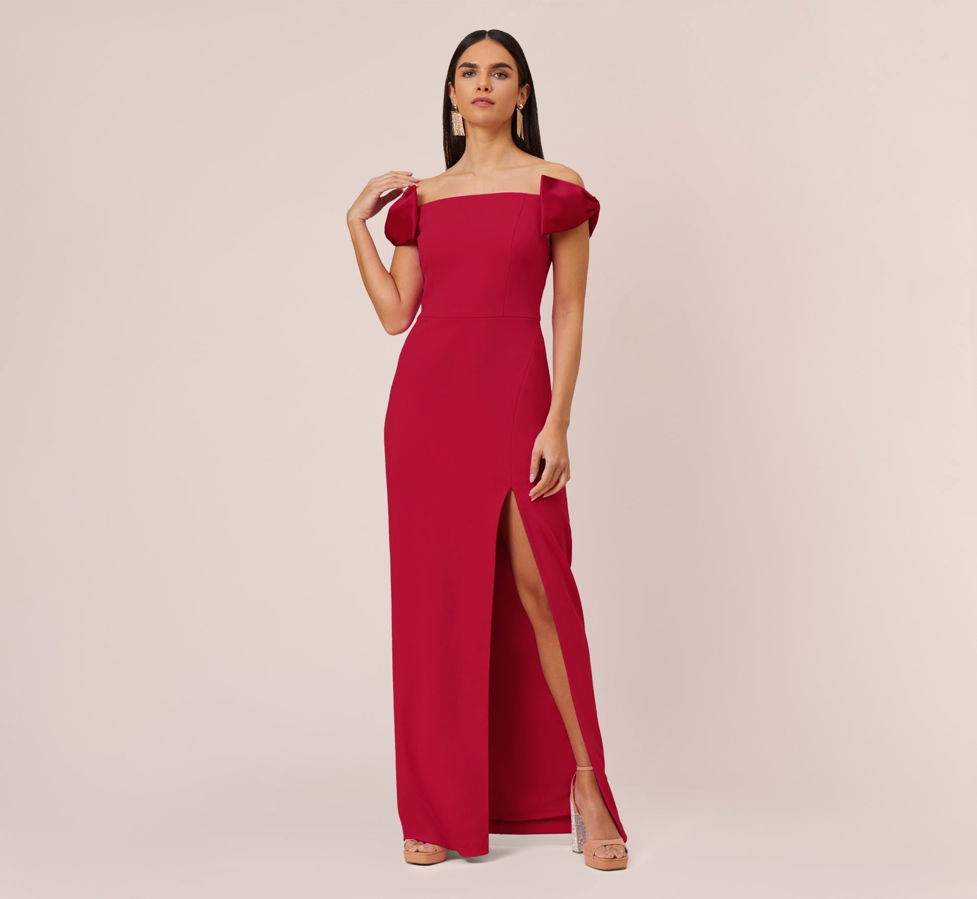 Stretch Crepe Off The Shoulder Long Column Gown With Bows In