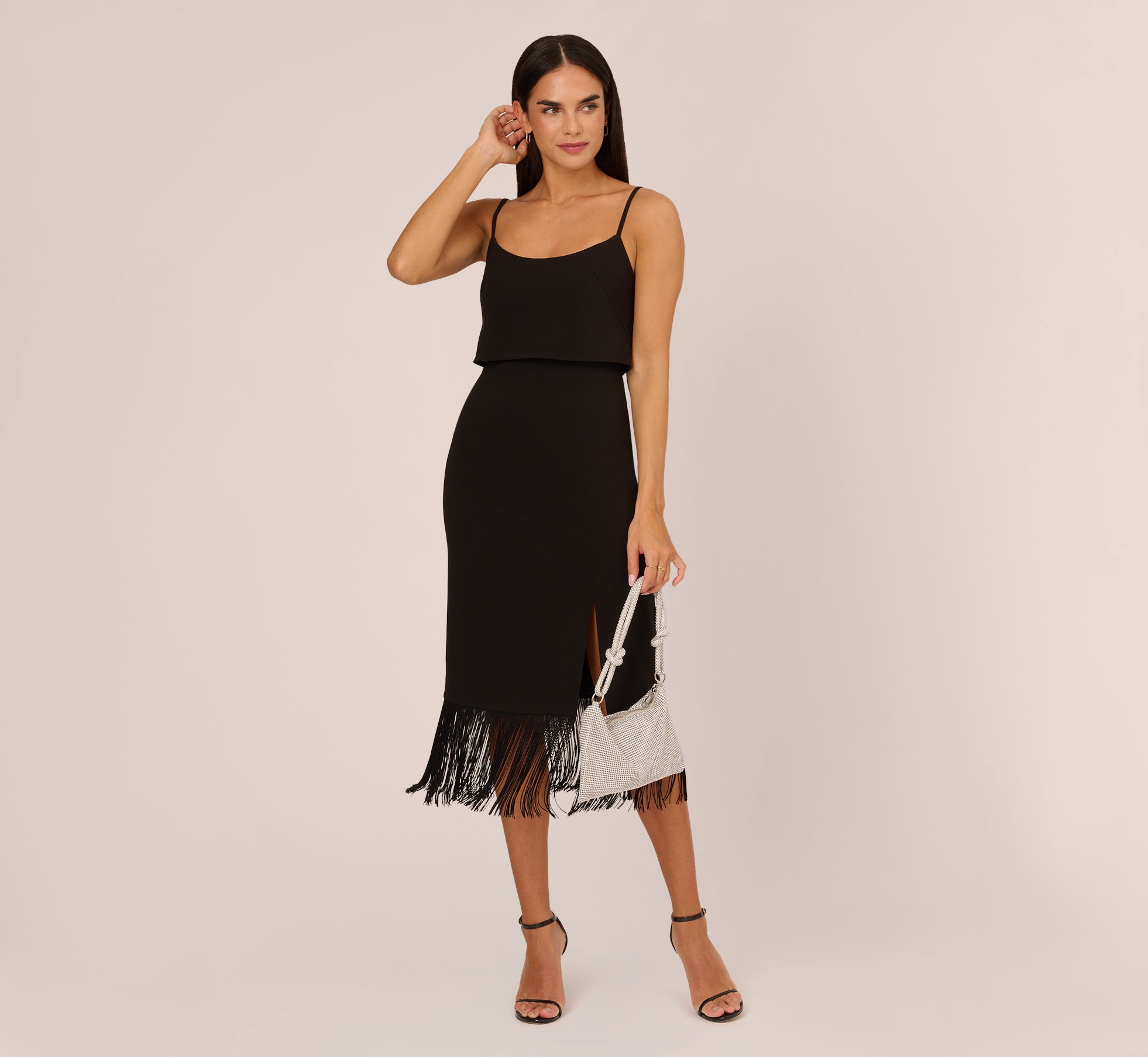 Crepe Popover Midi Dress With Fringe Trim In Black Adrianna Papell