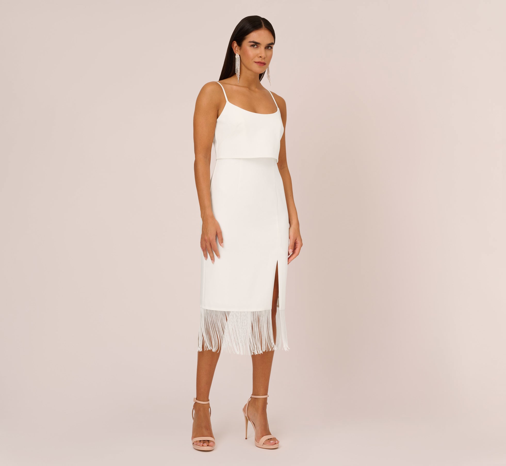 Crepe Popover Midi Dress With Fringe Trim In Ivory Adrianna Papell