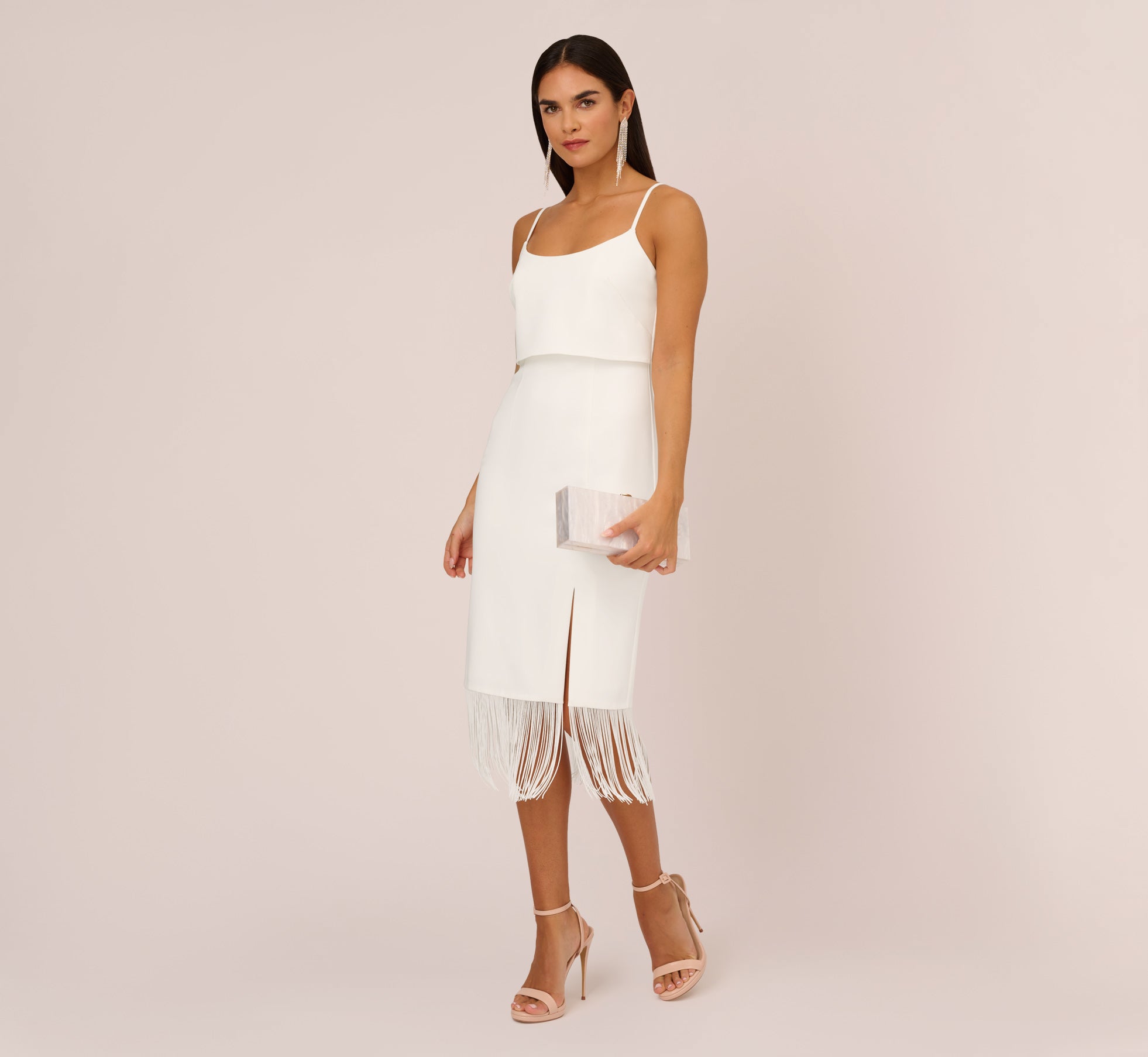 Crepe Popover Midi Dress With Fringe Trim In Ivory Adrianna Papell