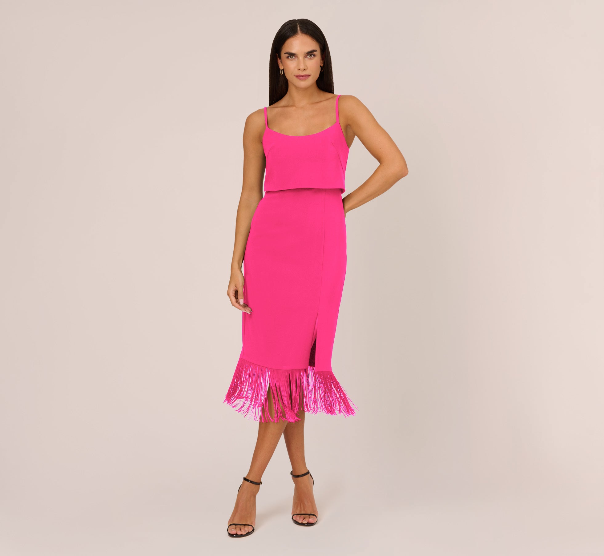 Crepe Popover Midi Dress With Fringe Trim In Lipstick Adrianna