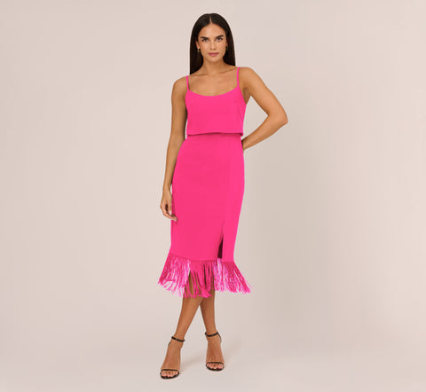 Crepe Popover Midi Dress With Fringe Trim In Lipstick