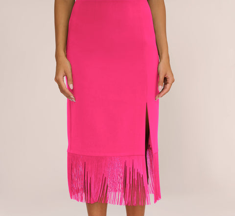 Crepe Popover Midi Dress With Fringe Trim In Lipstick